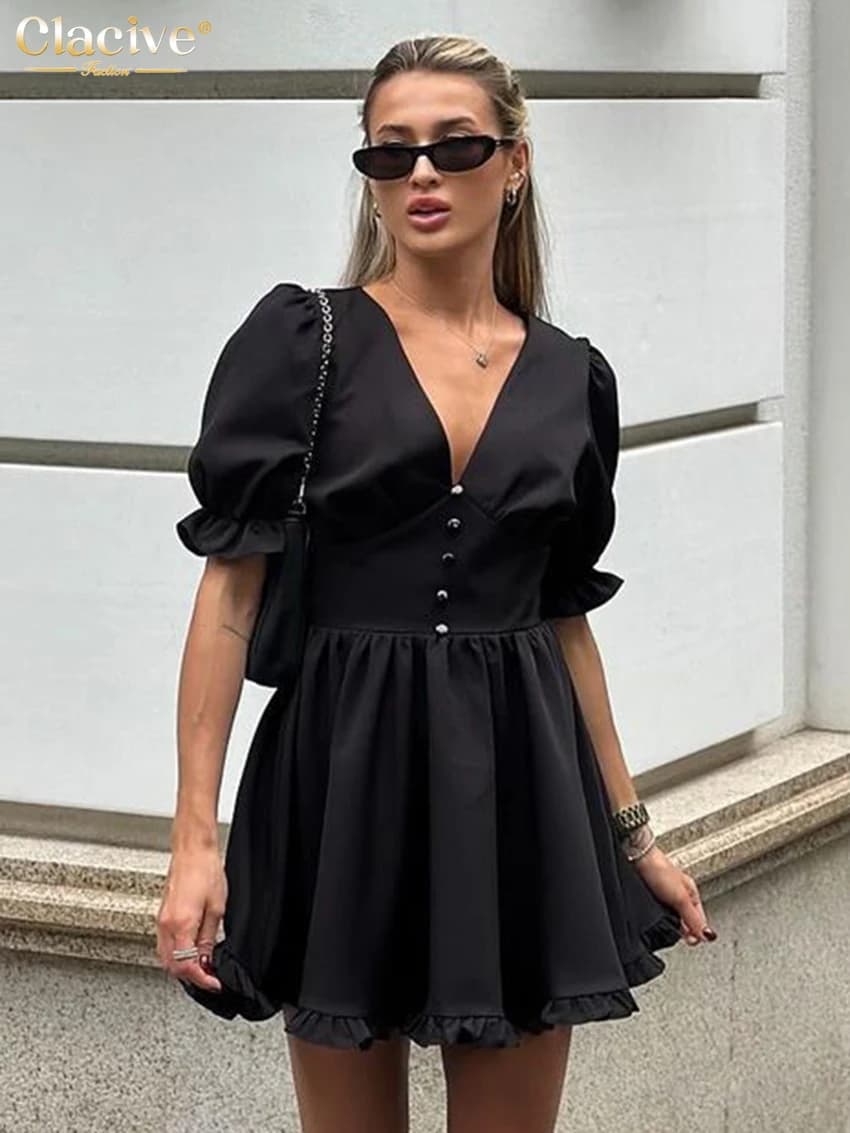 Clacive Abito estivo da donna nero allentato 2025 Mini abiti sexy a maniche corte con scollo a V Elegante abito femminile solido pieghettato classico