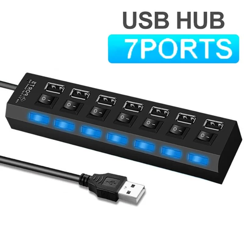 Hub USB 2.0 Hub USB 2.0 Hub splitter multi USB Utilizzare adattatore di alimentazione Hub USB 2.0 espansore multiplo a 7 porte con interruttore USB LED per PC
