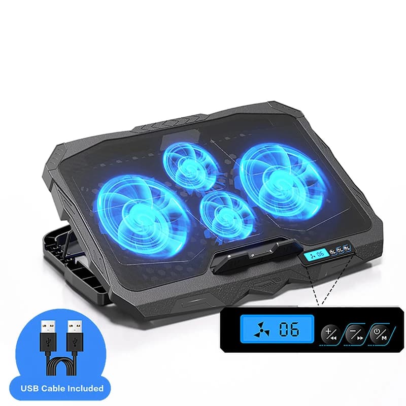 Supporto di raffreddamento per laptop 5 altezze e 6 velocità del vento regolabili per notebook da 17 pollici con 4 ventole Display a cristalli liquidi e 2 porte USB