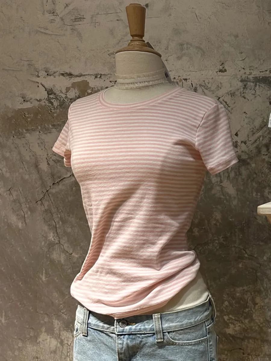 T-shirt a maniche corte slim a righe rosa da donna Nuovo girocollo a contrasto Chic Crop Top Y2k Dolce Casual Moda T-shirt in cotone