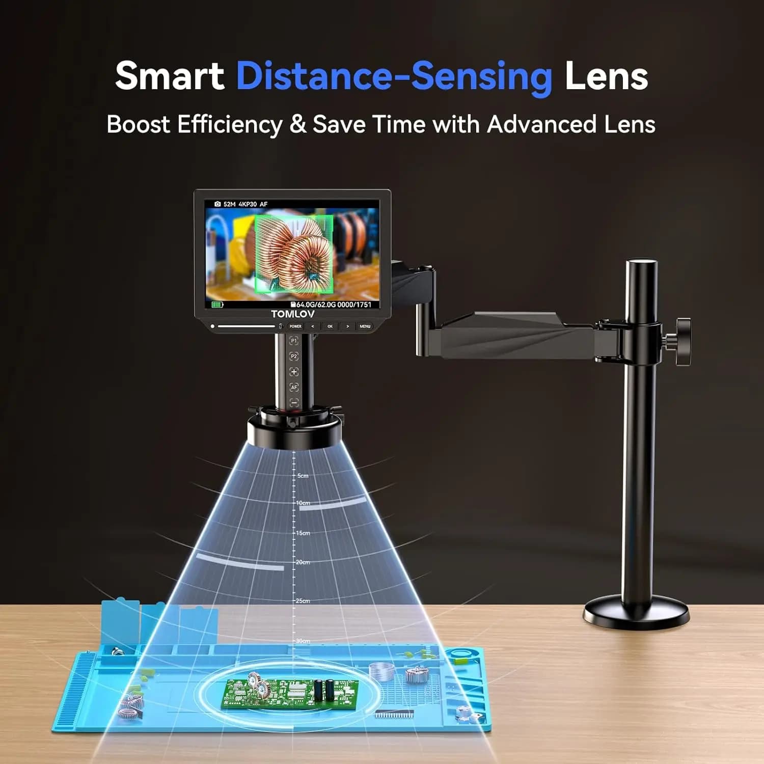 Microscopio Digitale TOMLOV TM4K-AF 4K con Autofocus 2000X, Braccio Flessibile, HDMI, Illuminazione ad Anello per Riparazioni Elettroniche e Saldature