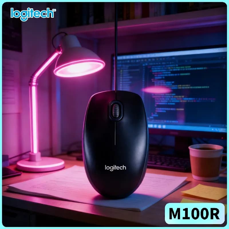Mouse Ottico USB Cablato Logitech M100R 1000DPI, Design Ambidestro, Impugnatura Compatta per PC, Mac, Desktop, Laptop, Ufficio