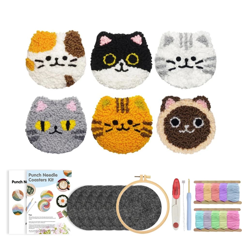 GATYZTORY DIY Punch Needle Cat Coasters Kit DIY 6pcs Animal Pattern Punch Needle Embroidery Set Coaster Handmade Art Unique Gift