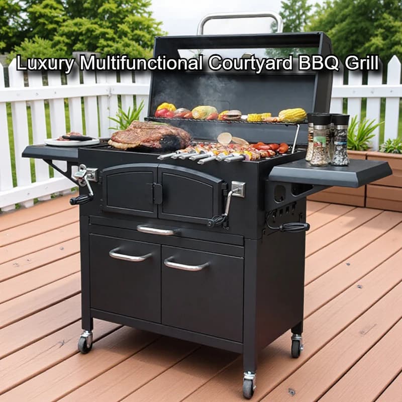 Griglia BBQ a Carbone in Acciaio Resistente, con Coperchio Trasparente, Carrello Mobile, Fornello Barbecue Americano per Cortile e Feste in Casa