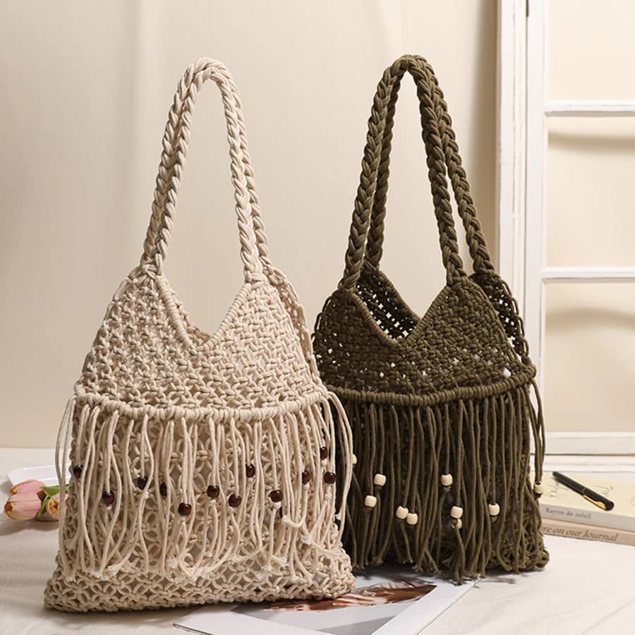 Borsa a tracolla estiva con frange di perline in legno, in cotone intrecciato, colore puro, stile boho, per vacanze al mare