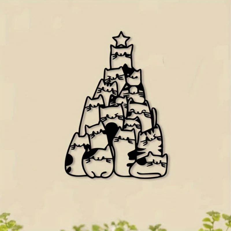 1pc 2D Flat Festive Cat & Christmas Tree Metal Wall Art, Black White Iron Decor, Cat Themed Christmas Room Wall Ornament