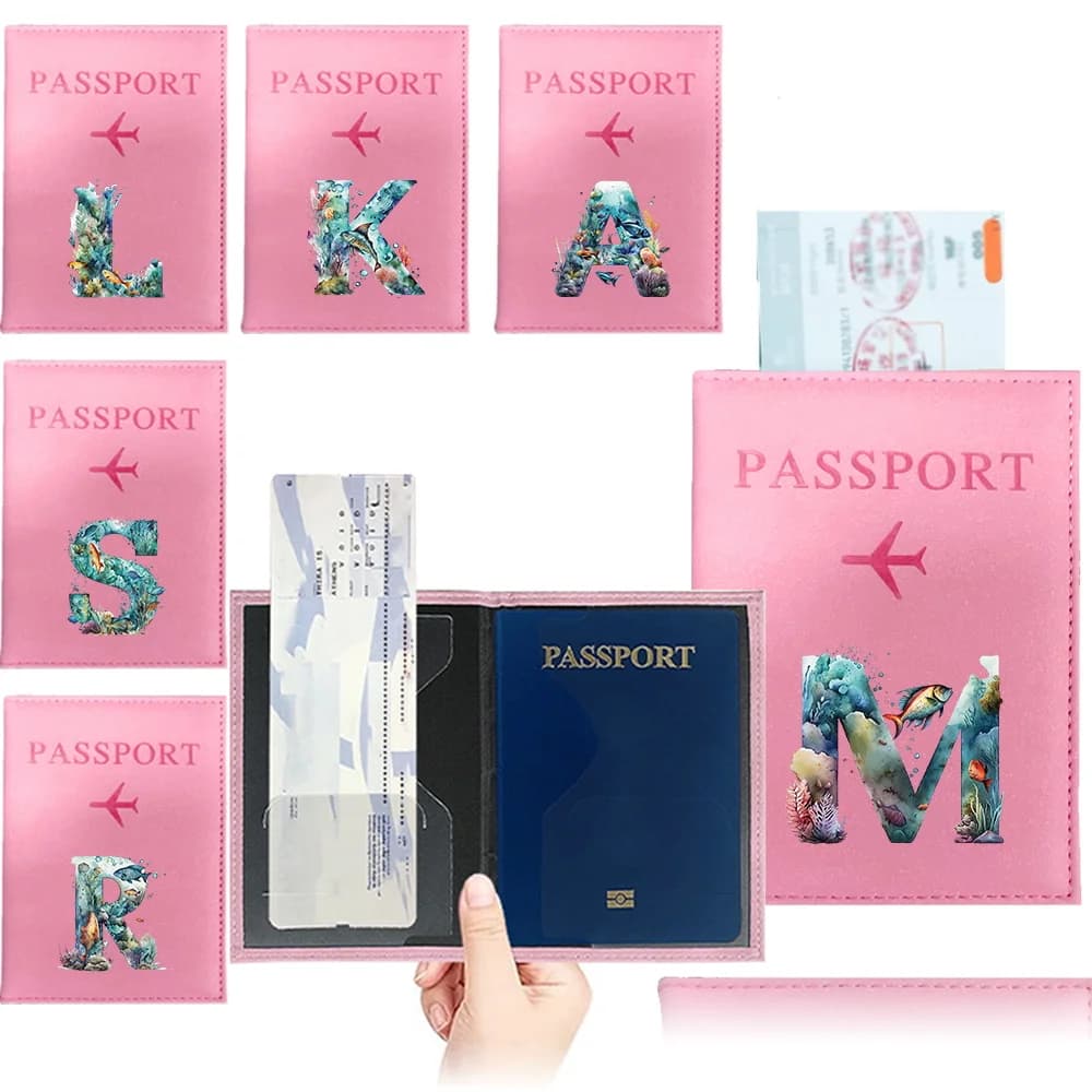 Porta Passaporto da Uomo in Pelle PU, Porta Documenti di Viaggio e Carte di Credito, Portafoglio con Stampa UV Serie Pesce e Lettere
