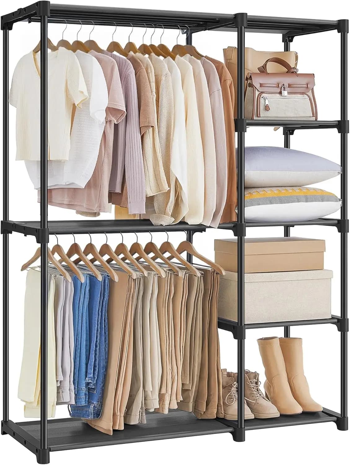 Organizzatore per Armadio Portatile con Ripiani e Aste Appendiabiti, 44,1x16,9x65 Pollici, Nero