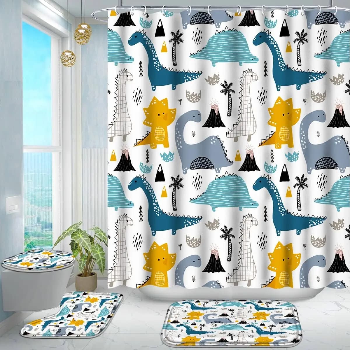 Poedist Set di tende da doccia da bagno da 4 pezzi, set da bagno per bambini, set di tende da doccia con tappeti (tappetino da bagno, a forma di U e coperchio del WC