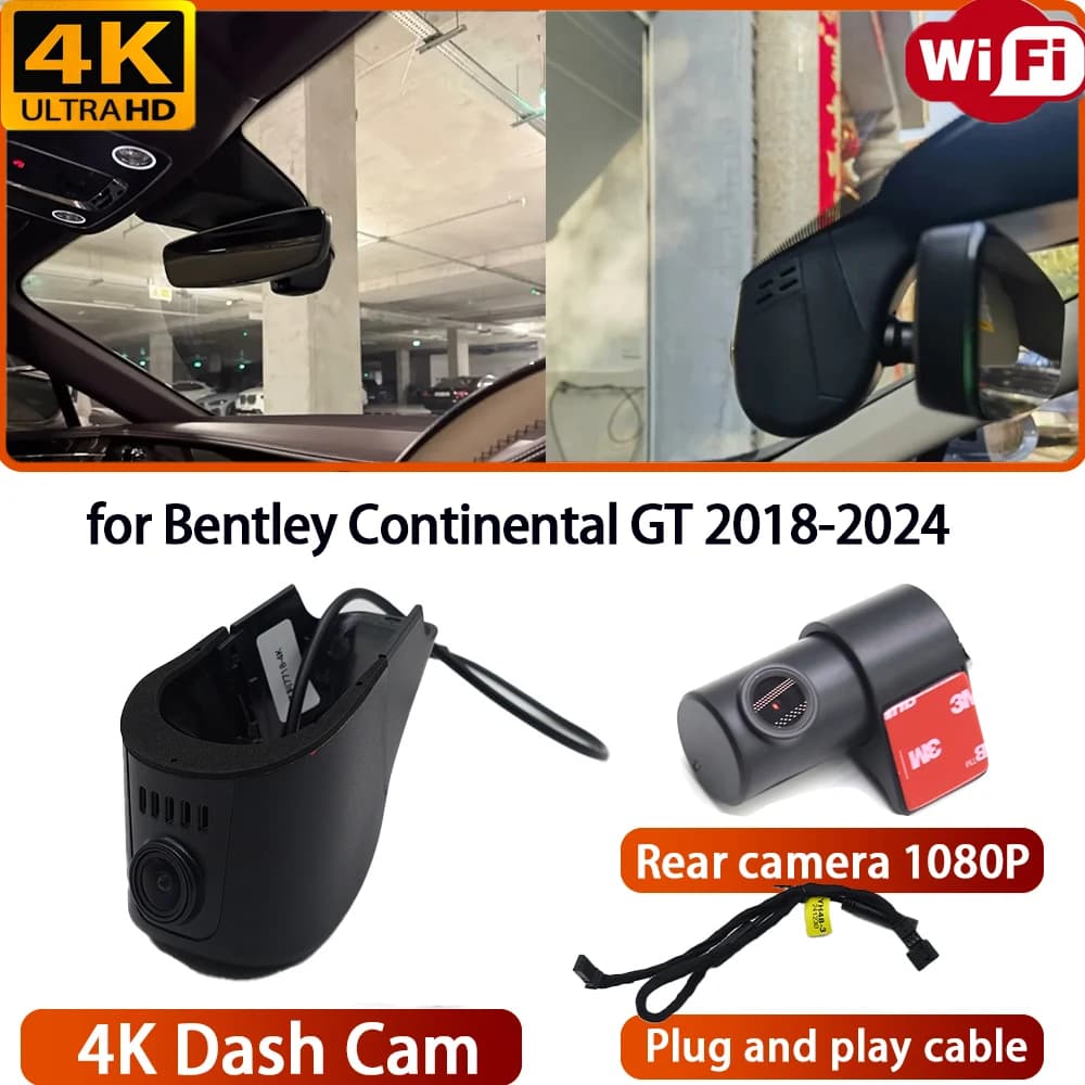 for Bentley Continental GT 2018-2024 Video Recorder 4K DVR Dash Cam Wifi Front Camera 170° Wide Angle Plug & Play Loop Recording