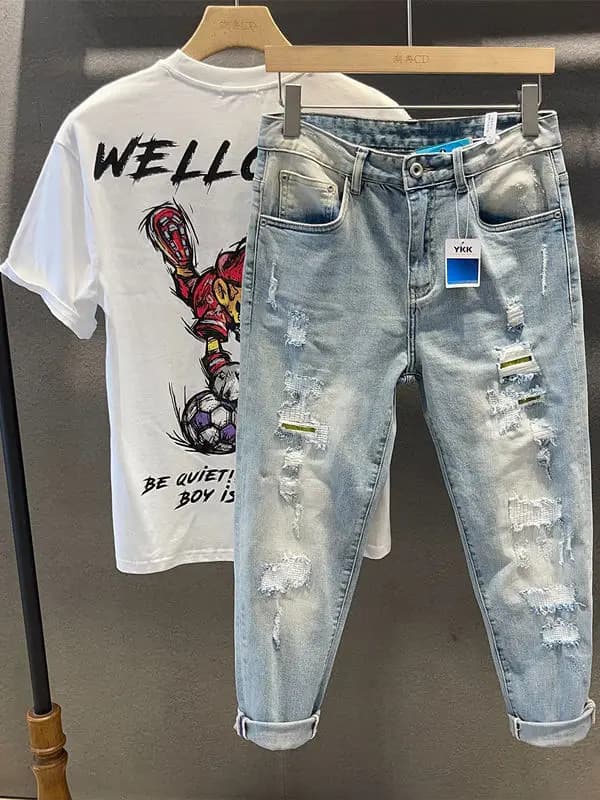 Trendy Men's Light Blue Jeans Slim Fit Patched Baggy Nine Points Pants Fashionable Summer Casual Wear Durable Denim Shorts