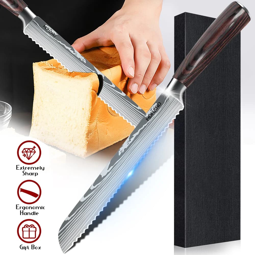 ZENG Coltello da Pane da Cucina Design Seghettato Laser Manico in Legno di Damasco Affettare Coltelli da Chef Lama in Acciaio Inossidabile Strumento per Torta da Chef