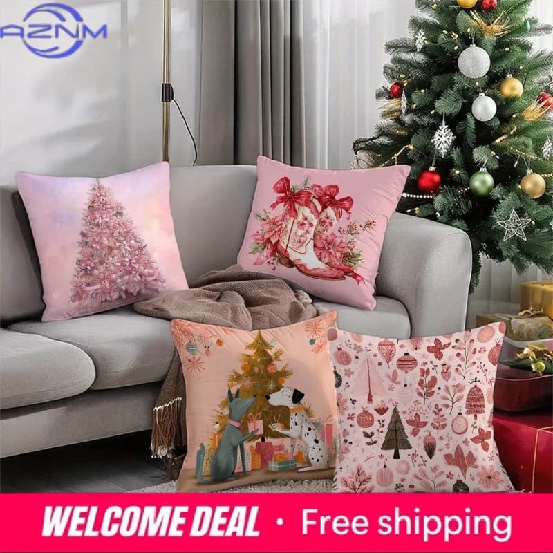 Federa per cuscino con motivo albero di Natale rosa, adatta per divano, auto, camera da letto, federa decorativa per cuscino