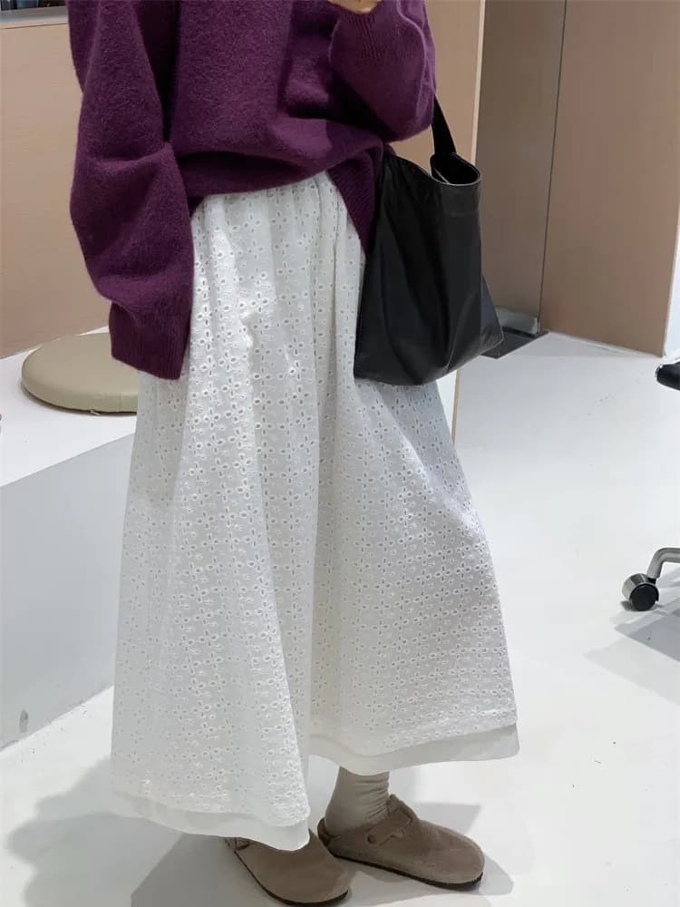 Abito a Linea A Bianco Feita con Ricamo Traforato a Doppio Strato, Gonna Casual in Cotone a Vita Alta per Donna