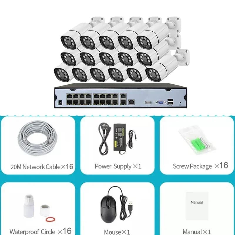 Kit 16 Canali 5MP Telecamere IP PoE Impermeabili Sistema CCTV a Colori Completo CE Bianco H.265 Sistema di Sicurezza Interno NVR