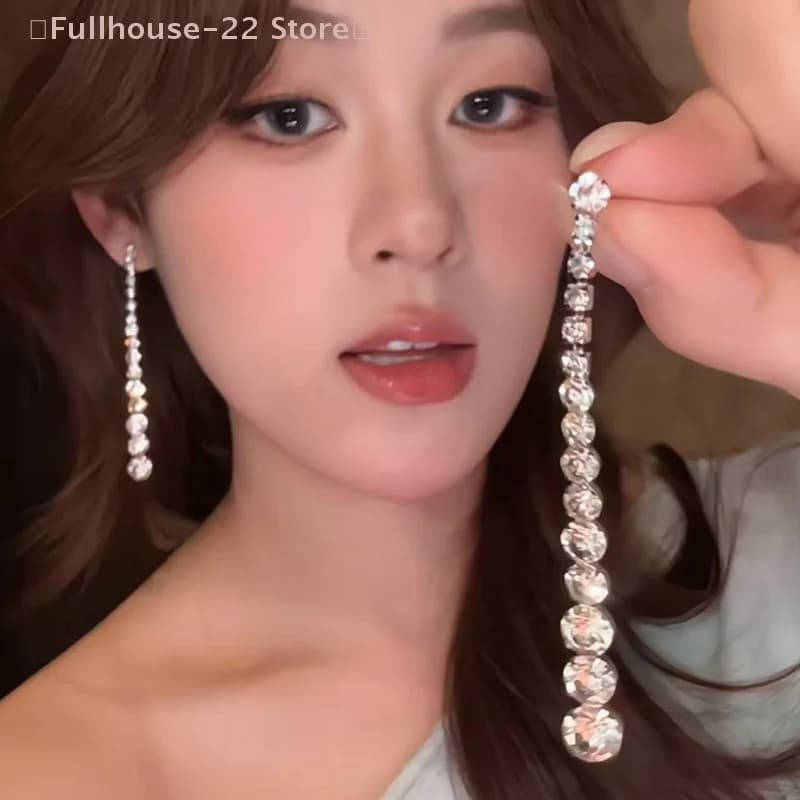 【MAX-22】Temperament Sparkly Zircon Long Tassel Dangle Earrings For Women Korean Bride Wedding Engagement Jewelry Accessories
