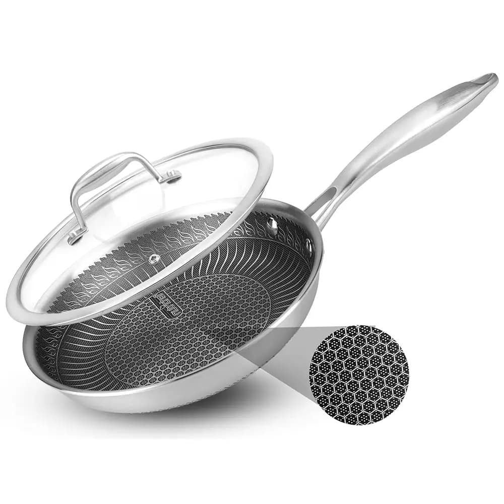 Padella in Acciaio Inox 8 Pollici con Coperchio - Pentola Triply per Cucina con Rivestimento Antiaderente DAKIN, S