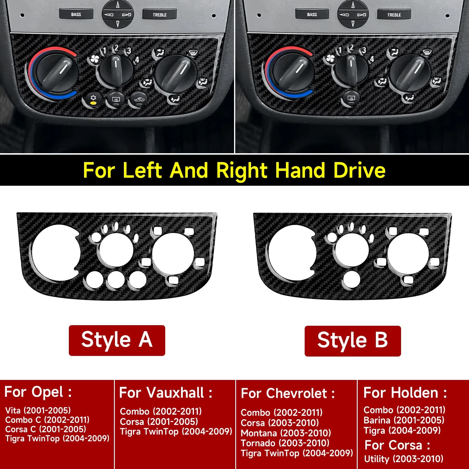 Pannello Manopola Console Centrale Auto. Adesivo Interno in Fibra di Carbonio. Per Accessori Trim Vauxhall Combo Corsa Tigra TwinTop.