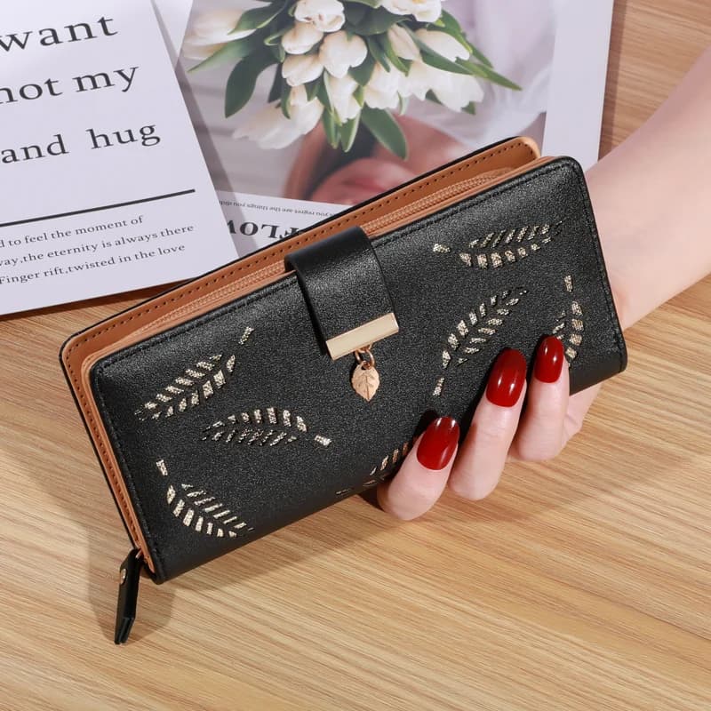 Portafoglio donna borsa in pelle PU portafoglio lungo femminile borsa a mano con foglie vuote dorate per portamonete da donna pochette