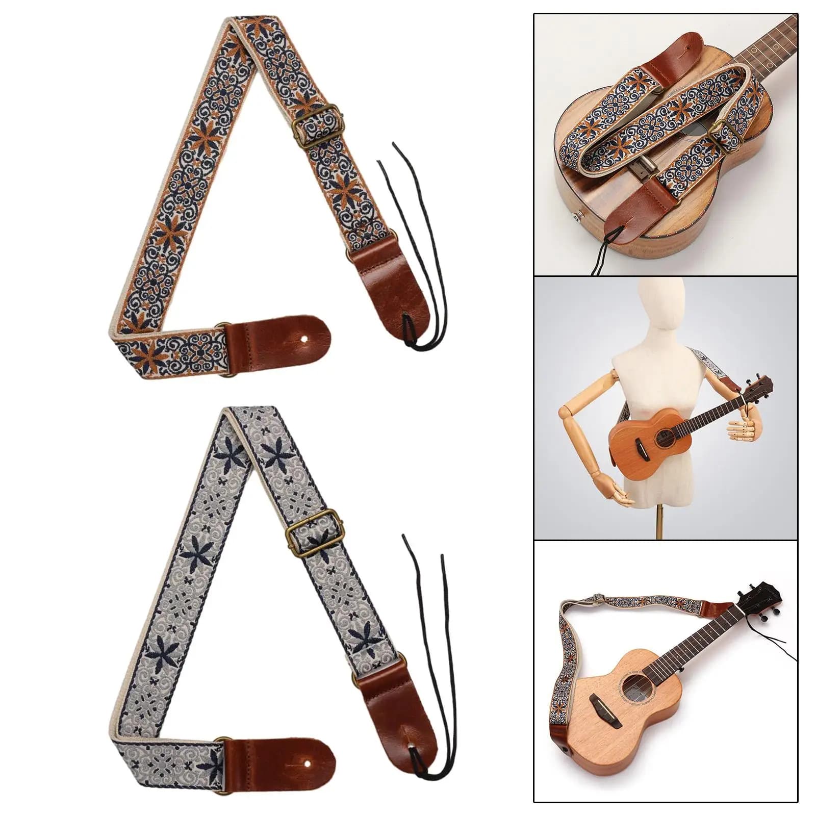 Vintage Embroidered Ukulele Shoulder Strap Adjustable Back Belt Nylon Material for 4 String Classic Guitar and Ukulele