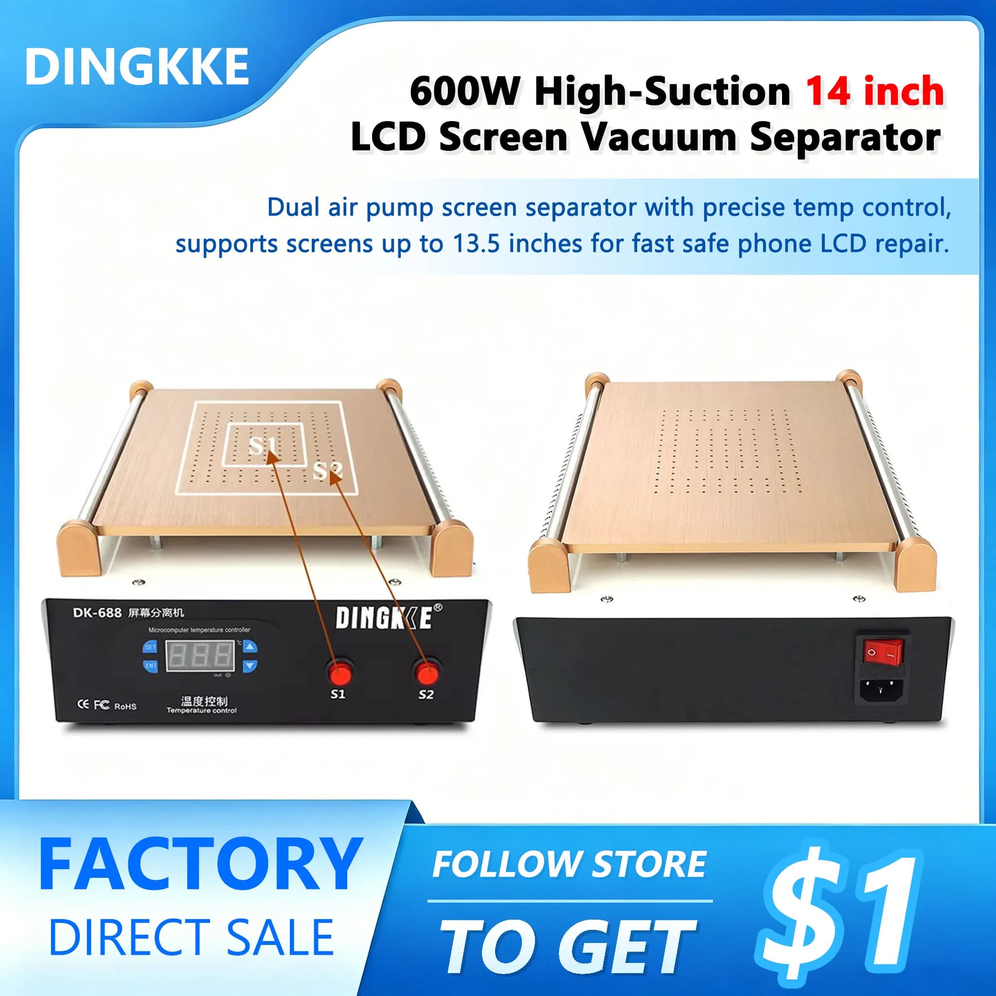 600W High-Suction LCD Screen Vacuum Separator for Smartphone Repair Vacuum Separation of LCD Screens Under 13.5 Inches Tool