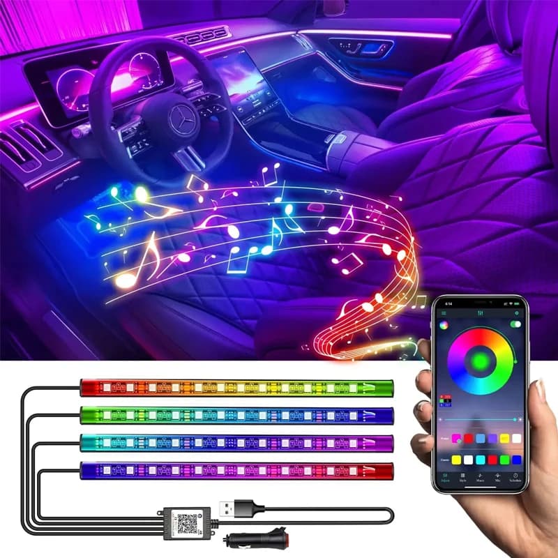 Kit di retroilluminazione per illuminazione al neon con striscia di luce ambientale per interni auto a LED con app remota USB, controllo musicale, lampade decorative RGB automatiche