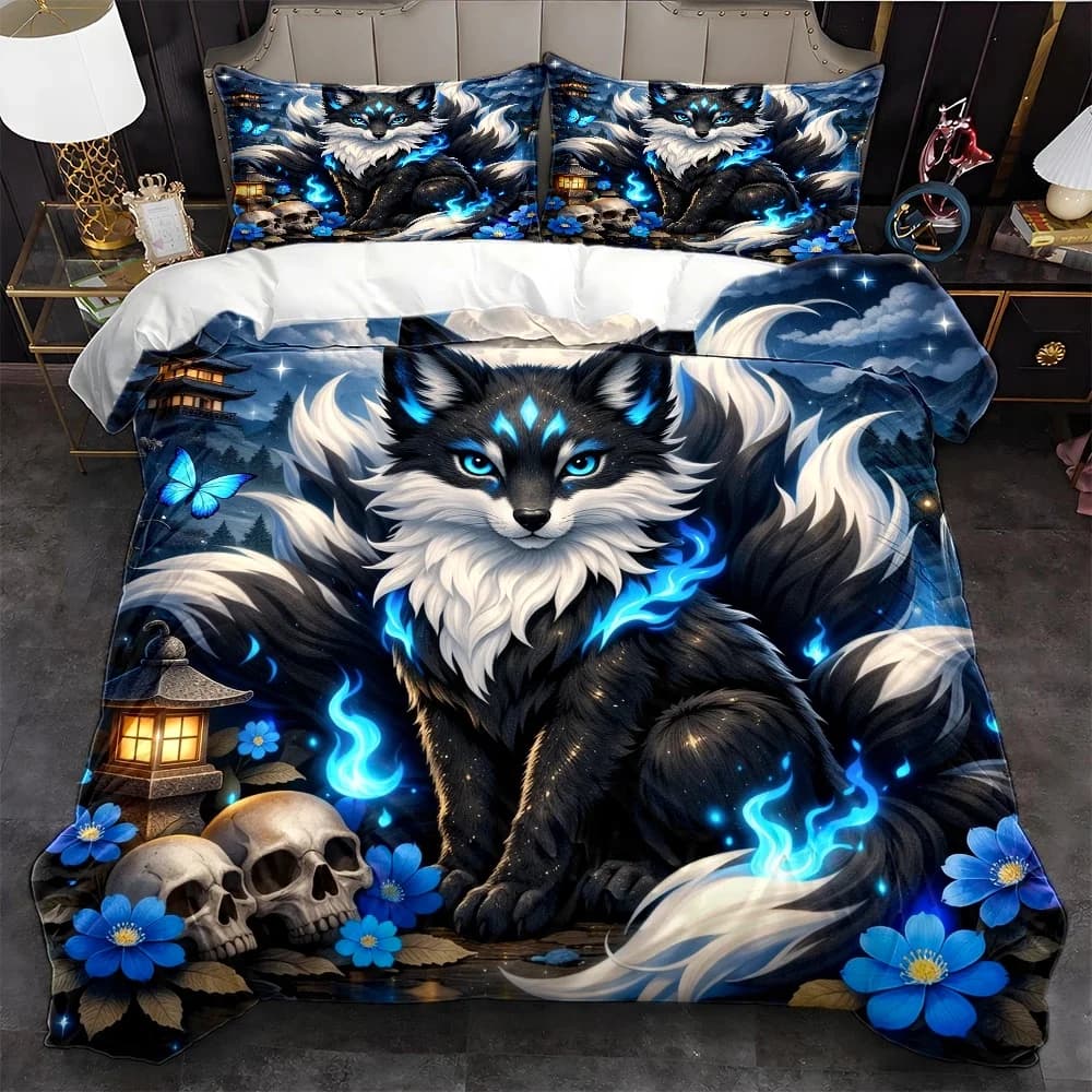 3Pc Mysterious Nine-Tailed Fox Duvet Cover Set, Three-Piece Bedding Set (1*Duvet Cover + 2*Pillowcases), Suitable for All Seasons, Machine Washable, Invisible Zipper Personal Bed Cover, Japanese Style Ancient Blue Flame Fox Bedding, Suitable for Home, Dormitory, Master Bedroom, Guest Room, Large Duvet Cover Bedding Set, Dreamy Starry Sky Skull Floral Print, Comfortable and Skin-Friendly, Easy-To-Care Bed Cover Set, Hot-Selling Anime Style Three-Piece Bedding Set 2D Flat Print