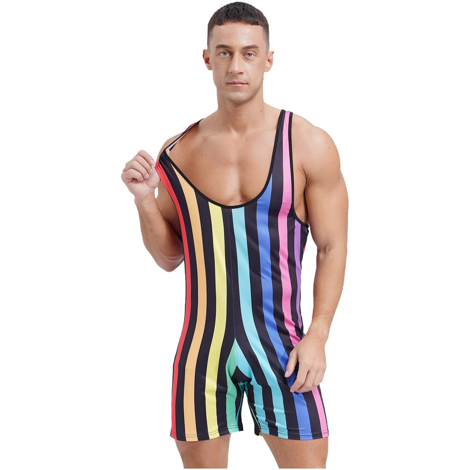 Mens Swim Bodysuit Striped Leotard Wrestling Singlet One Piece Swimsuit Beachwear Boxer Shorts Rompers Bodybuilding Shapewear