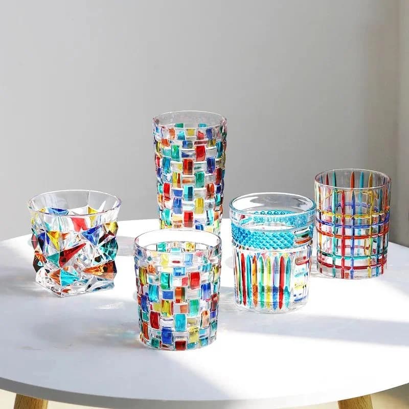 Bicchiere da whisky colorato in cristallo, design Zecchin Italia, bicchieri in vetro colorato per degustazione, tazza da birra gotica dipinta a mano con motivo a trama colorata