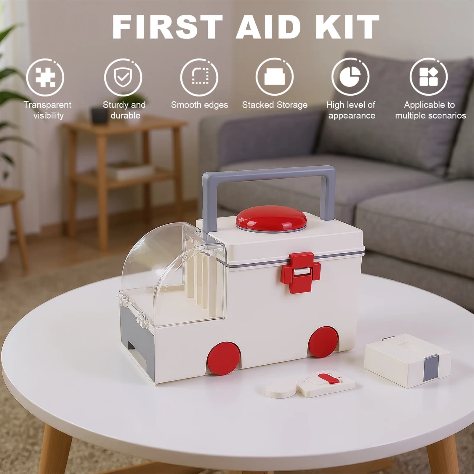 Scatola per medicinali domestici a forma di auto, resistente all'usura, kit di pronto soccorso in plastica, custodia per classificazione dei medicinali, per l'arredamento della stanza
