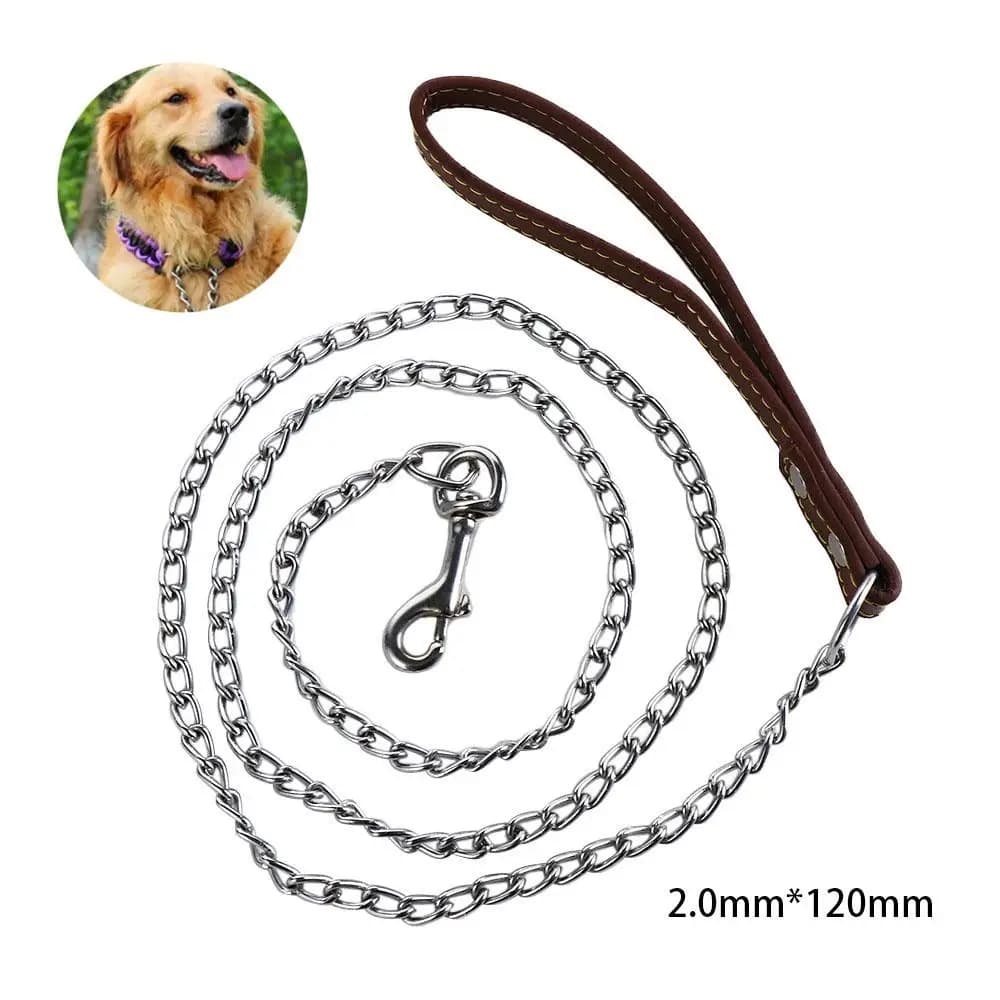 Guinzaglio per cani con catena in metallo resistente con manico in pelle guinzaglio lungo e resistente al controllo corda di trazione per animali domestici all'aperto forniture per catene Anti morso