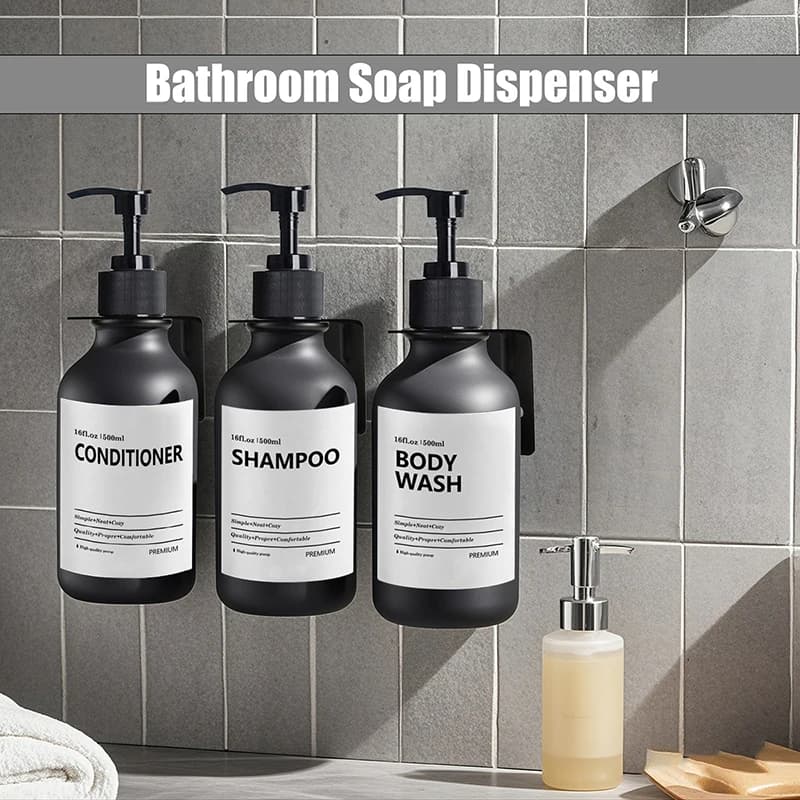 Dispenser di sapone nero opaco con vassoio per etichette Shampoo a parete Gel doccia Bottiglia vuota riutilizzabile Accessori da cucina 500ML
