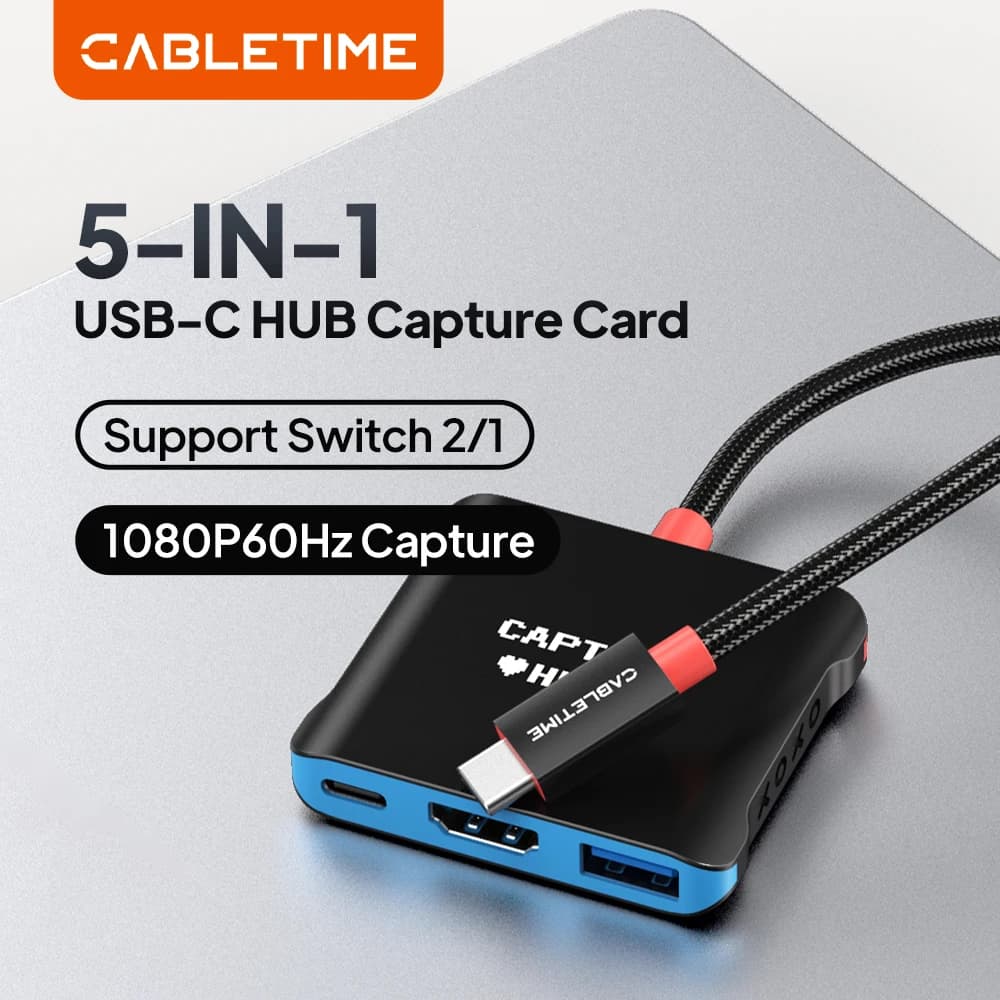 CABLETIME 5 IN 1 HUB Capture Card 4K@30Hz/1080P@60Hz 5Gbps Data Transmission HDMI+USB A+USB C Port Support Switch 2/1 for Laptop