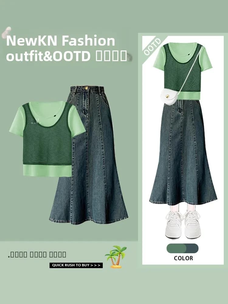 Completo due pezzi in stile coreano: T-shirt a maniche corte e gonna a vita alta, per un look giovanile di alta gamma.