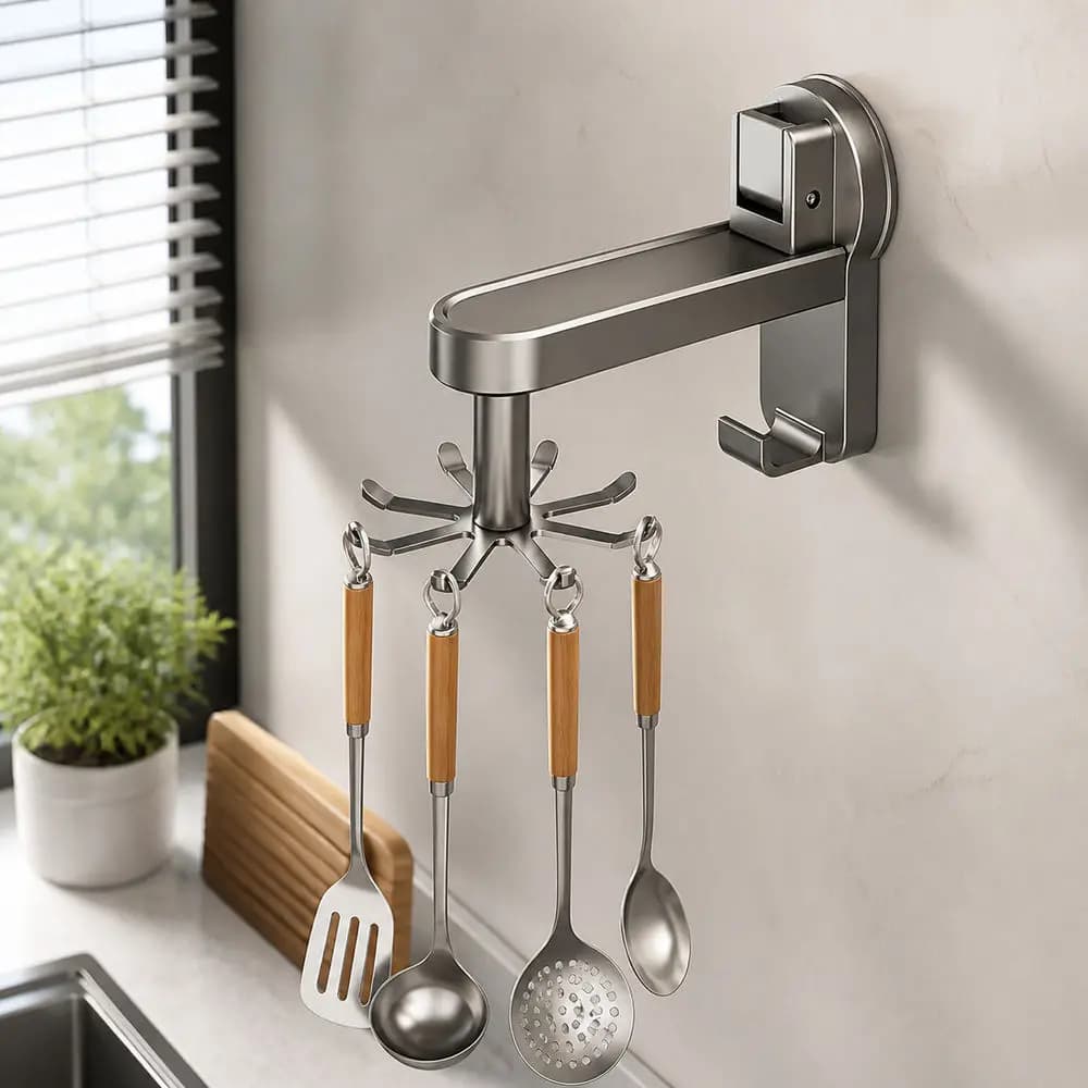 Kitchen Utensil Hook Rack Aluminium Rotating Suction Cup Mount, Hanging Cooking Tools Storage, Drill-Free Kitchen Wall Organizer