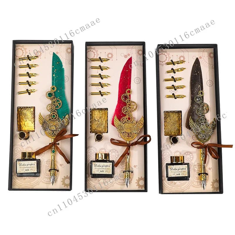Wizard Educator Set Steampunk Gear Feather Pen & Fountain Pen Vintage Inkwell Teachers Magic School Desk Accessories Feather Pen
