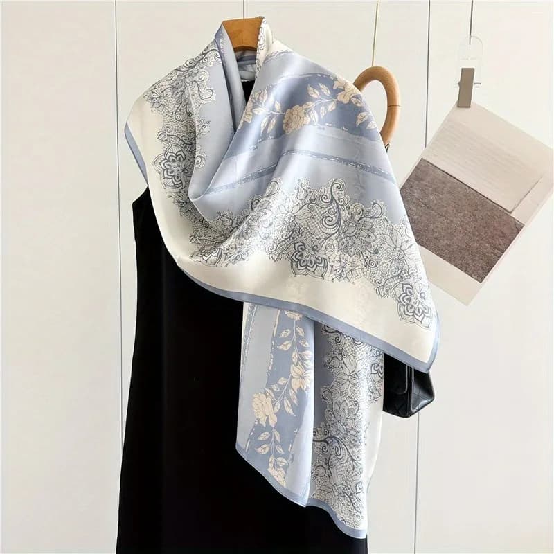 Sciarpa Lunga 100% Seta di Gelso per Donna, Sciarpe Rettangolari per Copricapo e Collo - Foulard Rettangolare con Stampa Floreale Azzurra, Confezione Regalo
