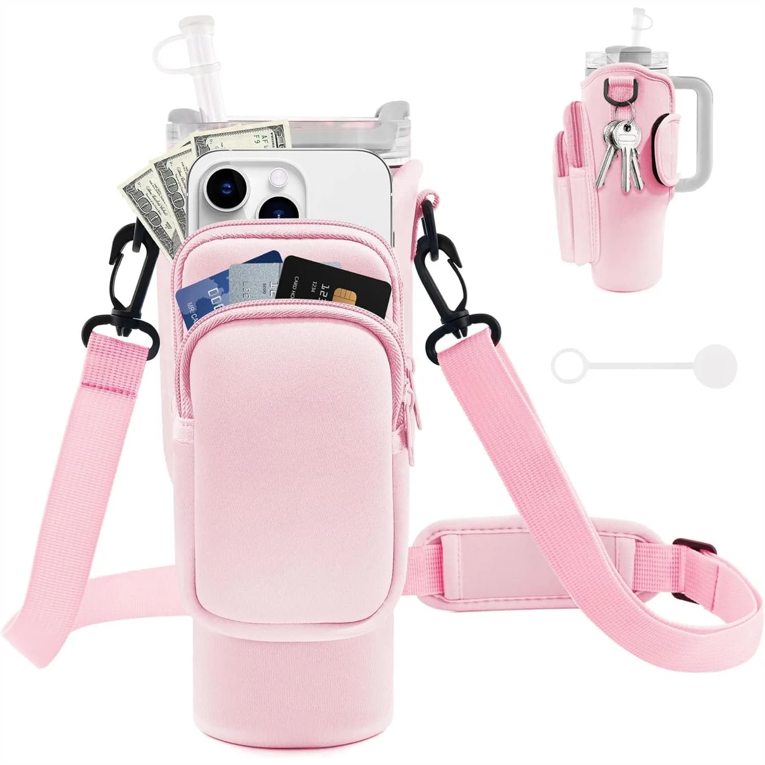 Borsa Porta Borraccia con Tasca Porta Telefono per Stanley Cup 40/30 oz, Tracolla Regolabile e Copri Cannuccia, Accessori per Tumbler