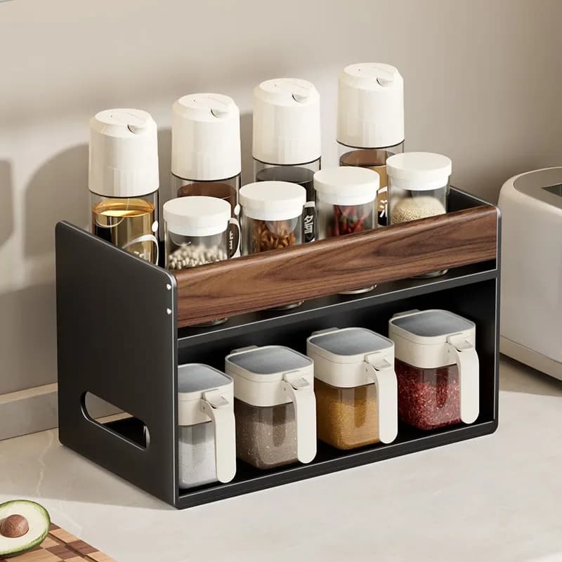 Walnut Wood Kitchen Spice Rack Countertop Set Home Seasoning Salt Shaker & Oil Bottle Combo Package Storage Shelf