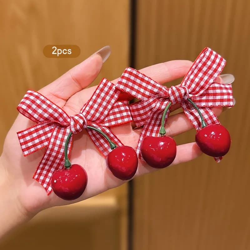Cute Red Plaid Bow Cherry Hair Clip, Fruit Ribbon Barrettes,Vintage Side Hair Pin for Girls Dating Lolita Hair Accessory