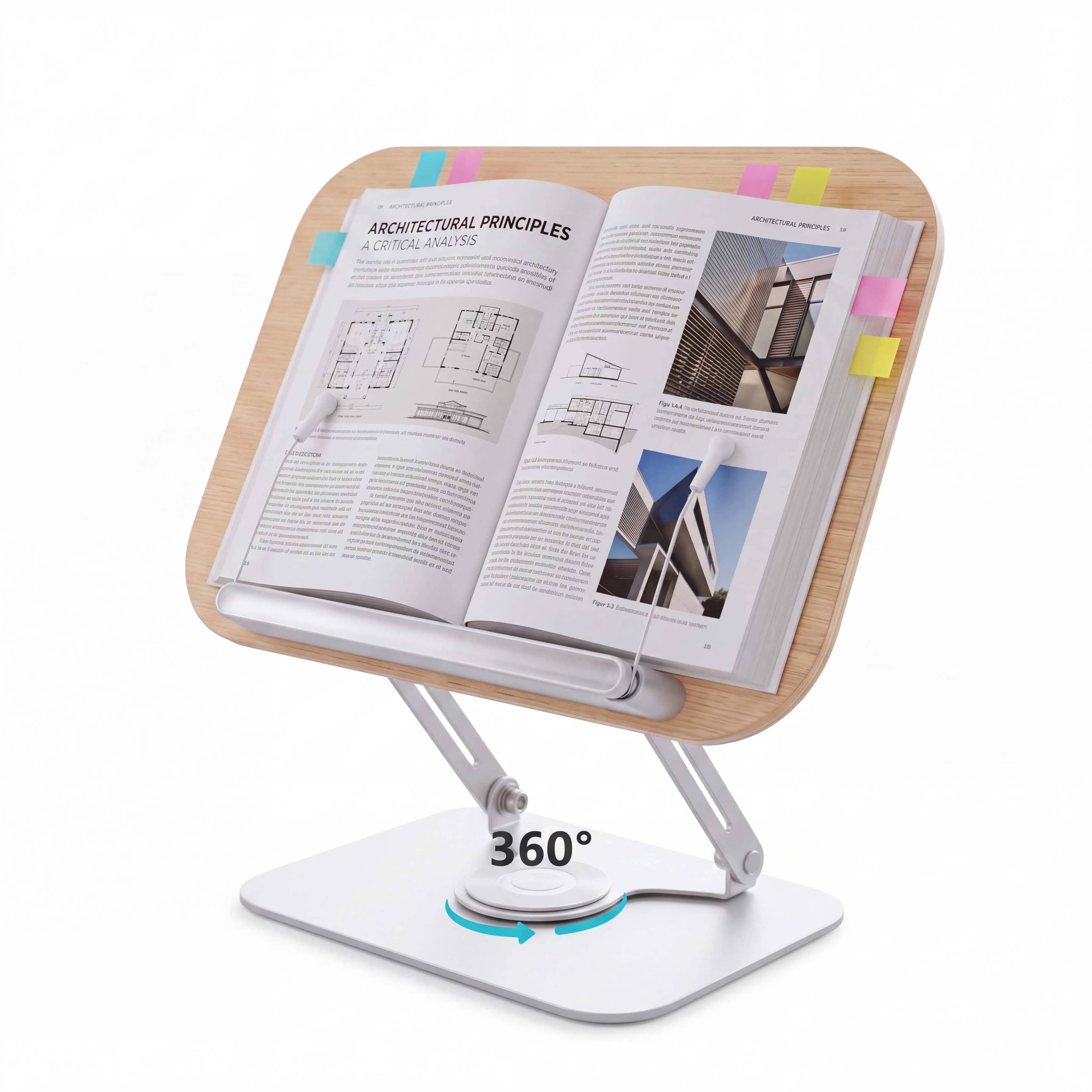 Adjustable Book Stand for Reading, 360° Swivel Tablet & Laptop Holder, Foldable Document Stand with Page Clips for Desk, Office & Classroom