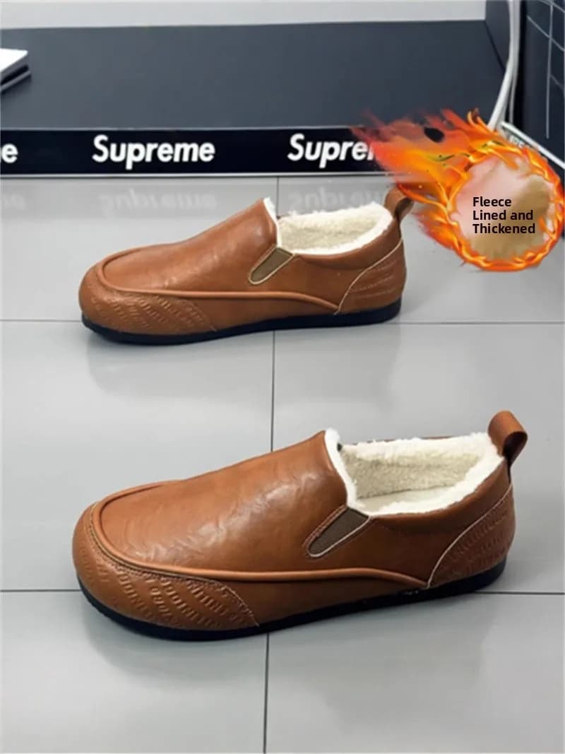 Men's Winter Fleece Lined Outdoor Waterproof Anti-slip Leather Shoes Casual Bean Bean Shoes Comfortable Soft Inner Sole Boots