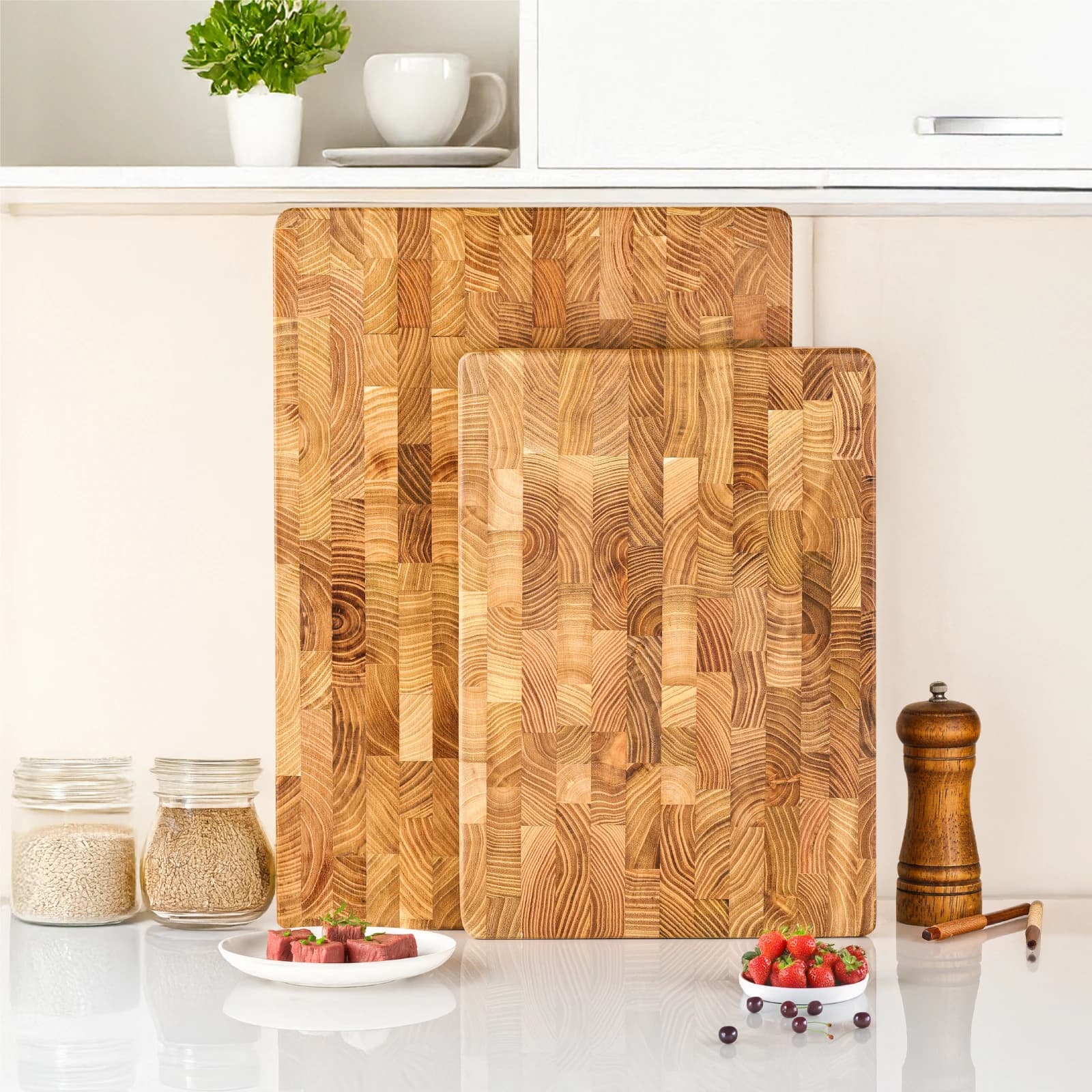 Taglieri per cereali con estremità in legno di teak per cucina, tagliere in legno di grandi dimensioni con manici nascosti, tagliere in legno per carne