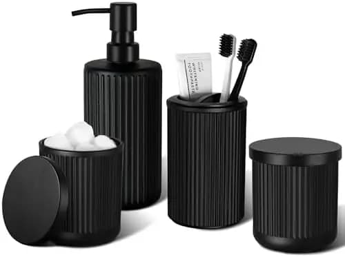 Set da Bagno Nero Opaco in 4 Pezzi – Dispenser di Sapone in Vetro, Porta Spazzolino e Porta Q-tip – Accessori Moderni per Lavabo