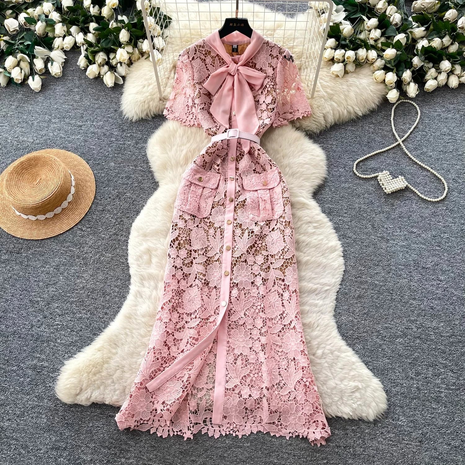 Fashion Bow Tie Neck Crochet Lace Dress Women Single Breasted Pockets Slim Waist Belt Hollow Out Mermaid Dresses Evening Outfits
