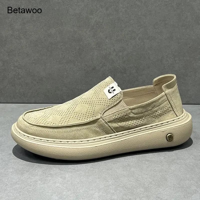 Mens Beige Breathable Slip On Loafers Hollow Out Casual Shoes with Thick Sole
