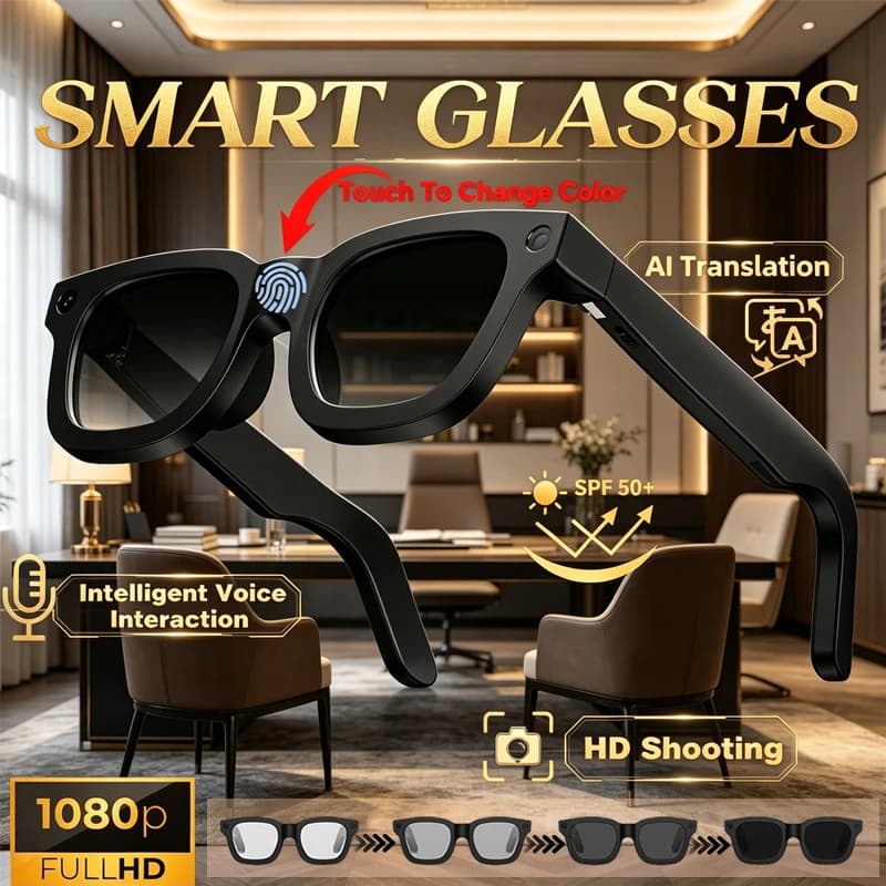 Nuovi Occhiali Intelligenti E02C con Lenti Elettrocromiche, Fotocamera HD 800W, Interazione AI, Assistente Vocale e Traduzione Simultanea