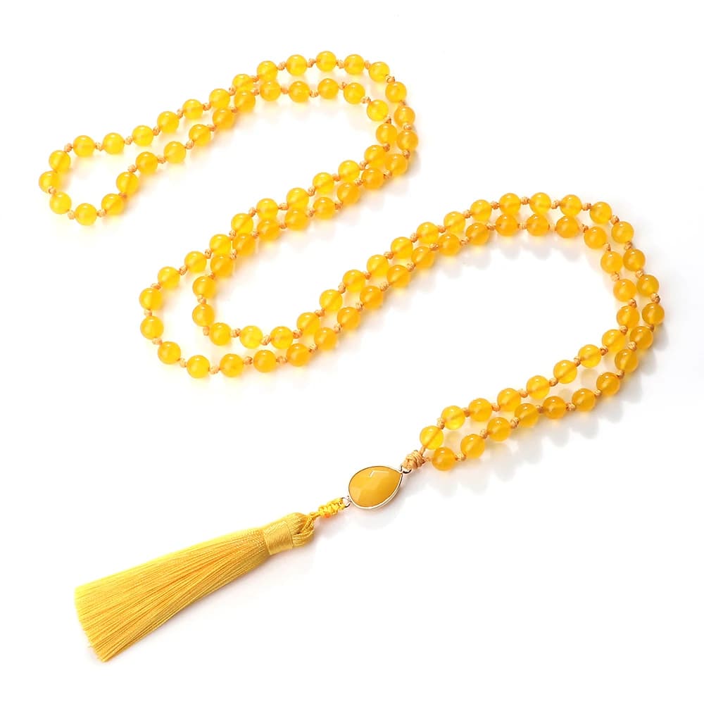 Moda 108 Mala Perline di calcedonio giallo naturale Collane per le donne Collane bohémien fatte a mano Uomini Regalo di gioielli di guarigione energetica