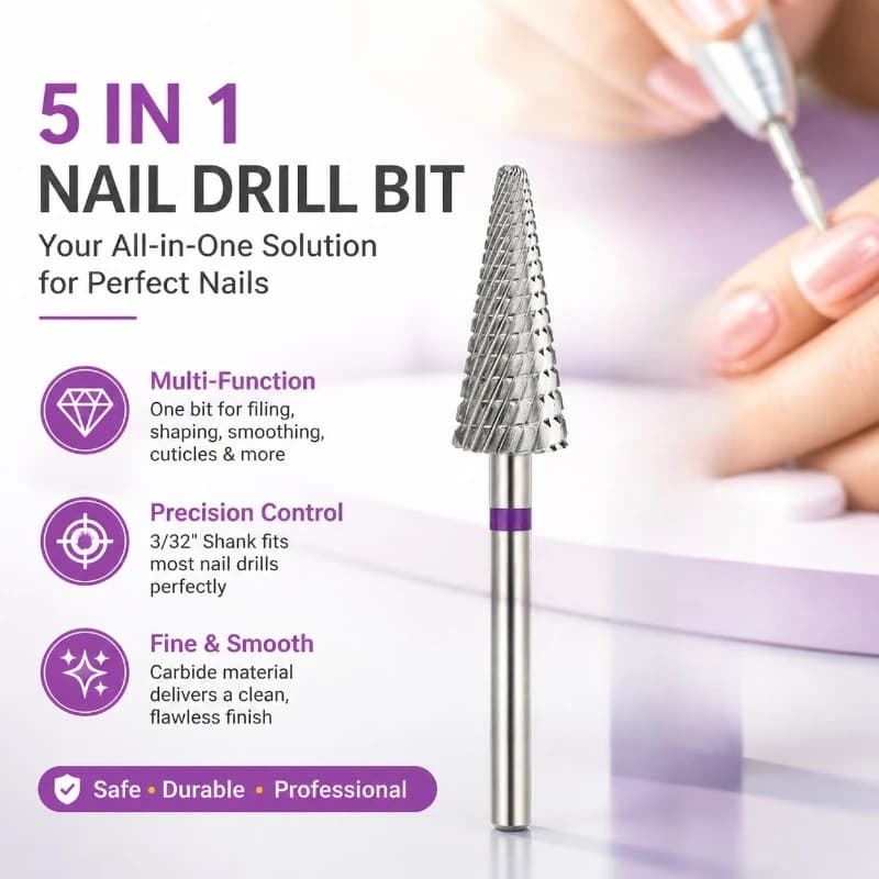 Set di 5 Punte per Trapano per Unghie, 3/32'' in Carburo Multifunzione, Adatte per Manicure, Pedicure, Cuticole, Lucidatura Gel, Finitura Fine