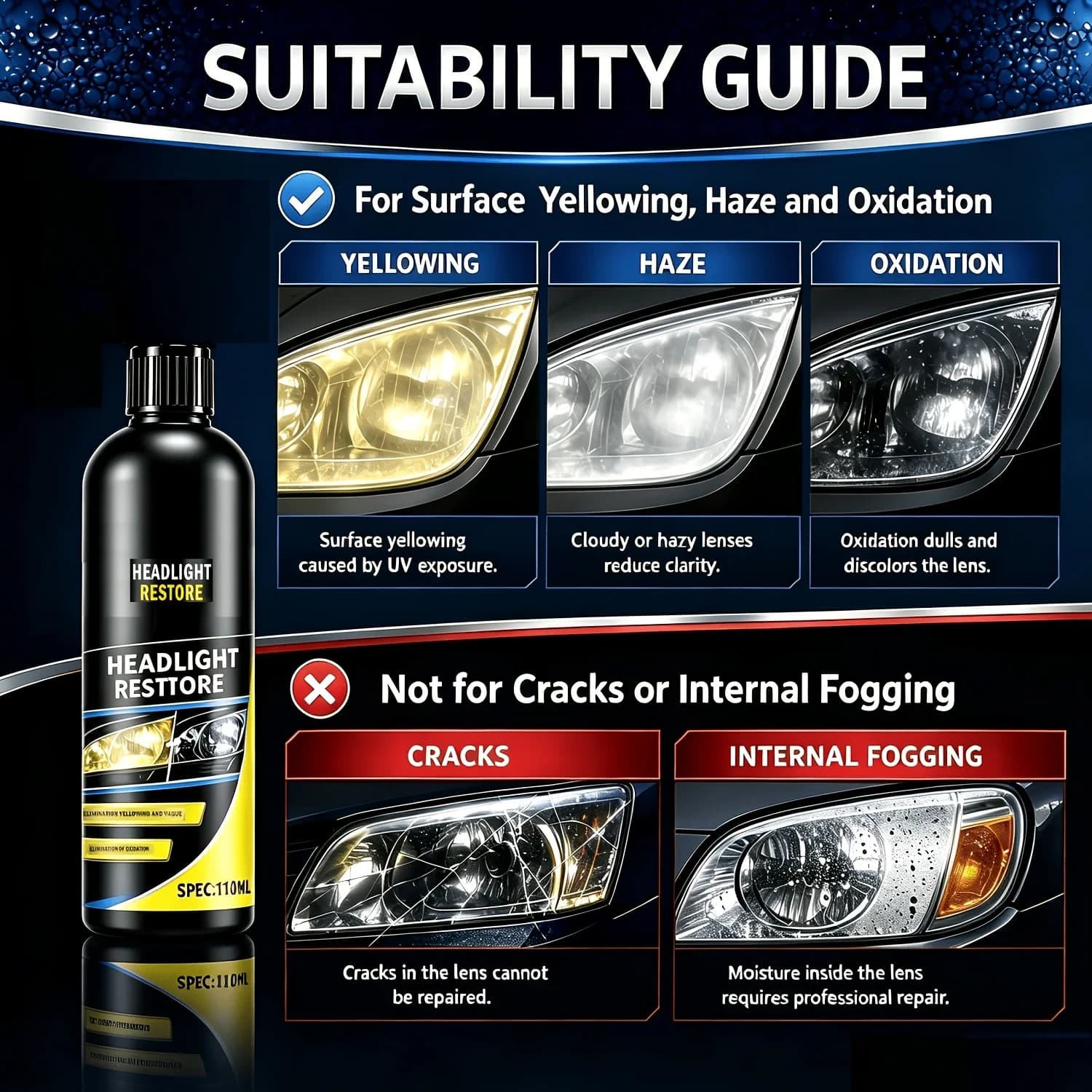 Car Headlight Restoration Polishing Kit, Headlight Cleaner Restorer for Yellow Oxidized Foggy Hazy Headlights, Remove Scratches Restore Clarity Headlamp Repair Tool Kit